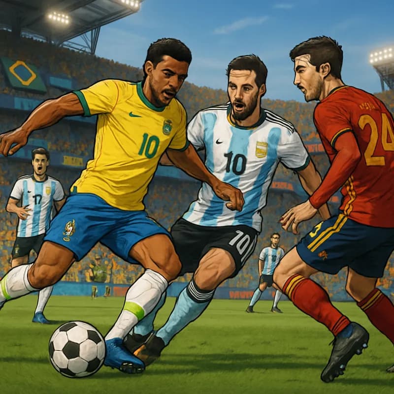 A vibrant soccer stadium filled with fans wearing the colors of their national teams, with banners and flags waving. The field is lush and green, featuring a classic round soccer ball, under a clear b