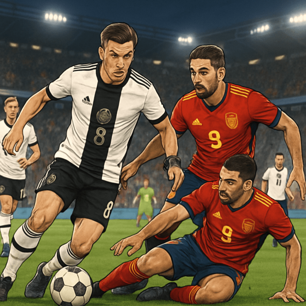 A vibrant stadium scene during a World Cup match featuring players in Germany's white jersey with black stripes and Spain's red jersey with navy sleeves. The atmosphere is electric, with fans cheering