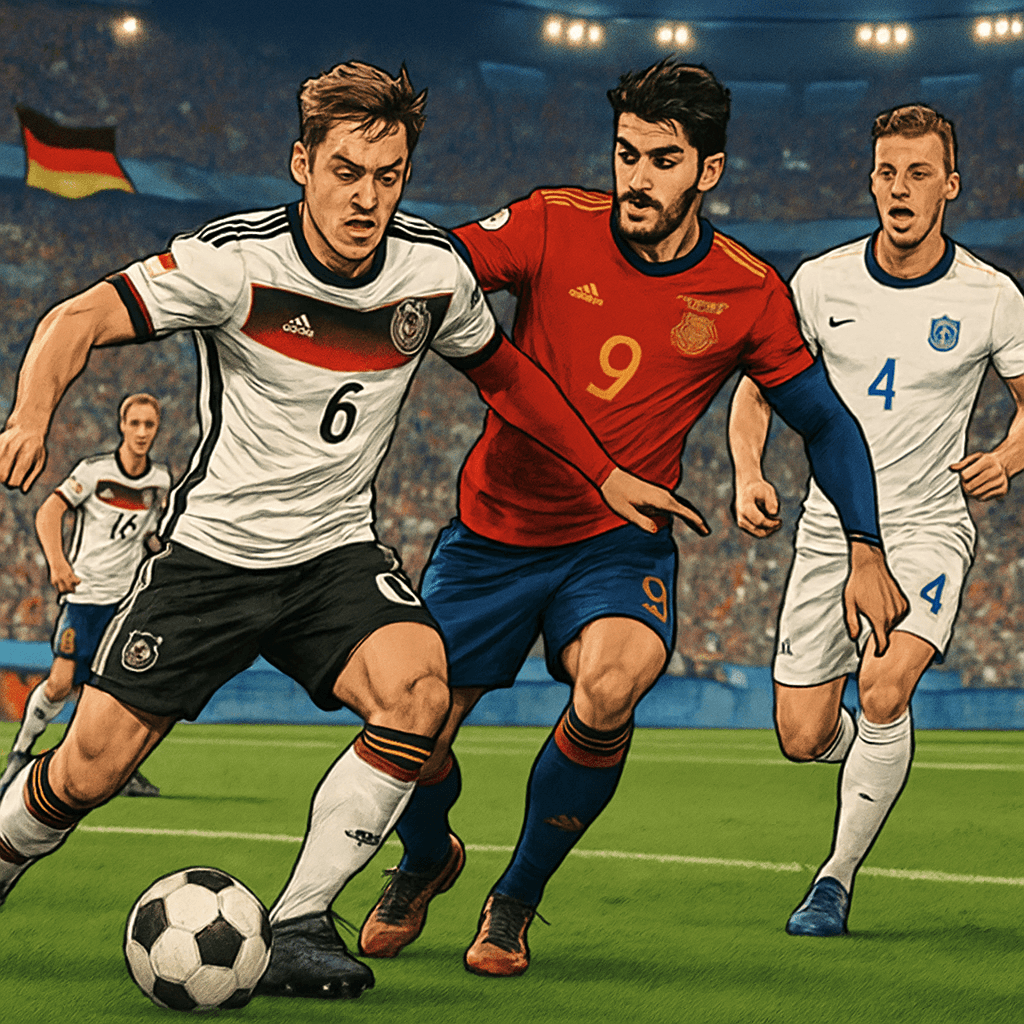 A vibrant stadium filled with fans wearing Germany's white home kit featuring black and red accents, Spain's deep red jersey with navy sleeves, and England's classic design. The scene captures the exc