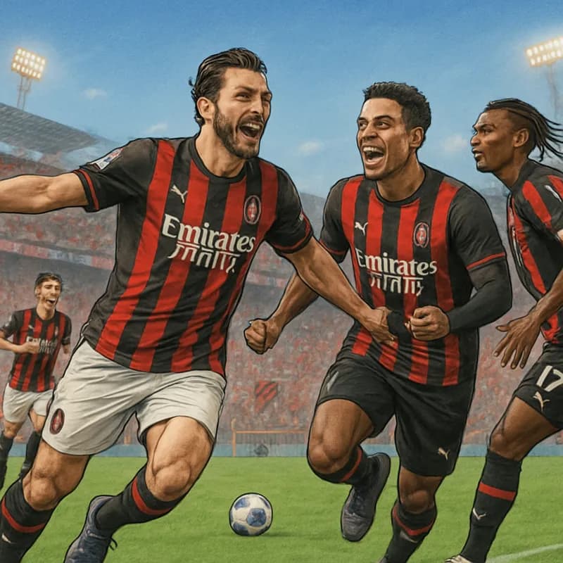 A vibrant scene at San Siro, with AC Milan players in their iconic red and black striped jerseys celebrating a goal. The crowd is electrified, waving flags and banners, with a clear blue sky above the