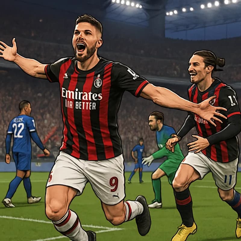A vibrant scene of AC Milan players in their iconic red and black striped jerseys celebrating a goal at the Stadio Giuseppe Meazza, with fans cheering in the stands, showcasing the stadium's electric 