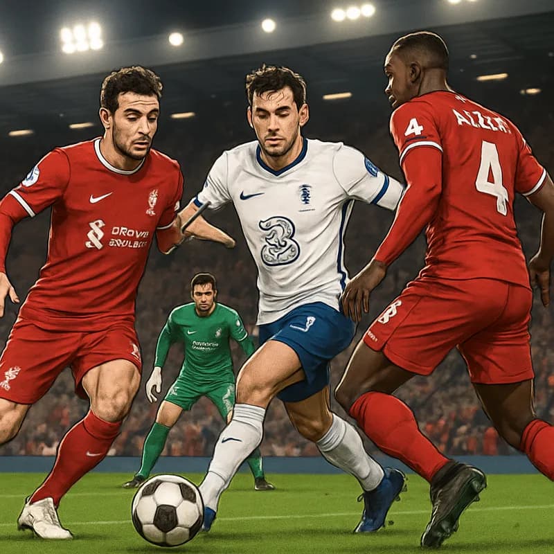 A tense moment at Anfield, featuring Liverpool's red kit with Alisson in goal, the crowd cheering, and a green pitch under bright stadium lights.