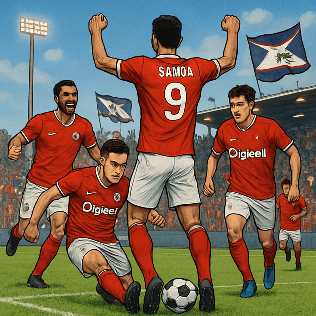 A vibrant soccer scene at a local stadium in American Samoa, with players in red and white kits celebrating a goal, surrounded by enthusiastic fans waving flags. The green pitch and bright blue sky se