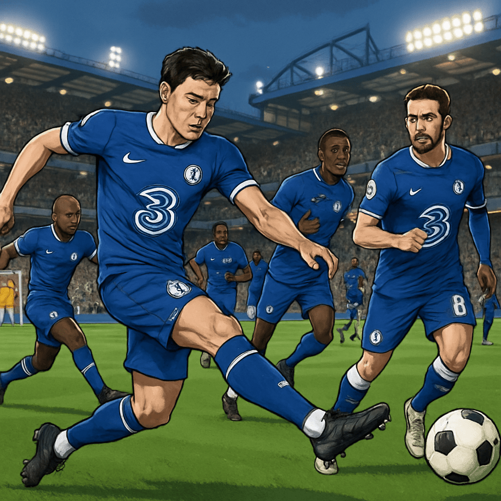 A vibrant scene at Stamford Bridge featuring Chelsea players in their blue home kits, with fans cheering in the stands. The atmosphere is electric as players warm up on the lush green pitch, preparing