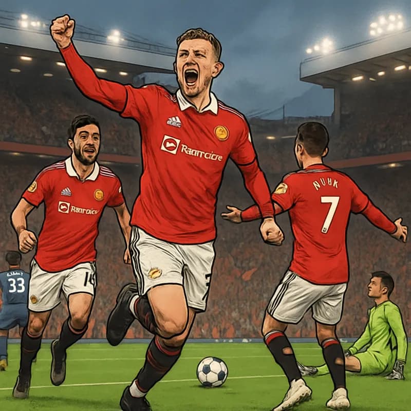 A thrilling scene from Old Trafford with Manchester United in their iconic red kits, celebrating a goal. The stadium is packed, with fans cheering and waving flags, creating an electric atmosphere on 