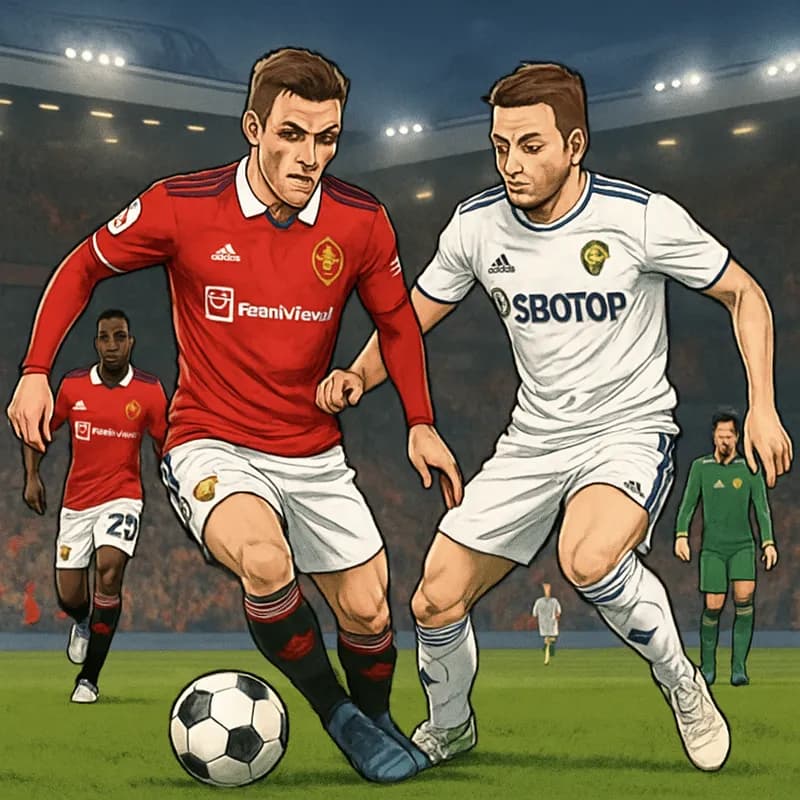 A vibrant scene at Old Trafford, with Manchester United players in their iconic red jerseys battling against Leeds United in white. The atmosphere is electric, with fans cheering and waving flags, whi