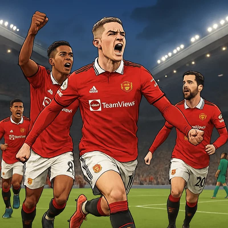 A vibrant scene inside Old Trafford, with Manchester United players in their iconic red jerseys, passionately celebrating a goal under the stadium lights, filled with enthusiastic fans. The green pitc