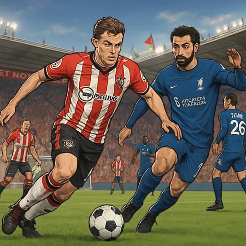 A vibrant scene at St. Mary's Stadium during a match, featuring Southampton players in their red and white striped kits. The atmosphere is electric, with fans waving flags and cheering, while the gree