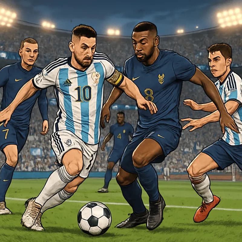 A vibrant scene from the World Cup final with Argentina's blue and white striped jerseys and France's blue kit. The stadium is packed with passionate fans, waving flags and cheering as players engage 