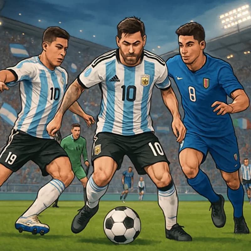 A vibrant scene at a packed stadium during a World Cup match, with Argentina's blue and white striped jerseys prominently displayed. Fans wave flags and cheer as players warm up on the pitch, with a g