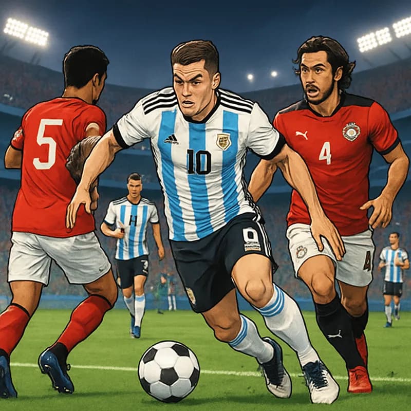 A vibrant soccer scene at the Atlanta stadium, showcasing Argentina's blue and white striped jerseys against Egypt's red and white kits. Fans are cheering in the stands, creating an electrifying atmos