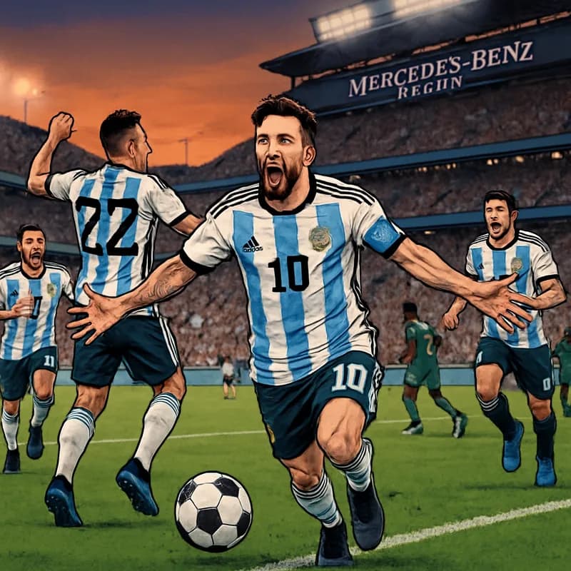 A thrilling soccer scene at the Mercedes-Benz Stadium in Atlanta, with Argentina players in their blue and white striped jerseys celebrating a goal, surrounded by ecstatic fans in the stands. The gree