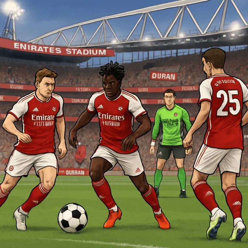 A bustling scene at the Emirates Stadium during a summer training session, with Arsenal players in their red and white kits practicing on the green pitch. The atmosphere is lively, with fans in the st