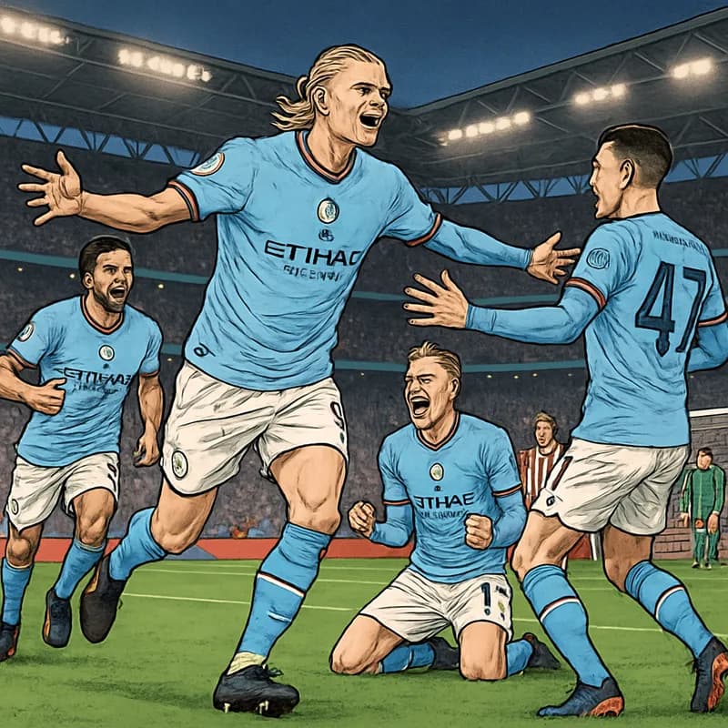 A vibrant scene at Wembley Stadium with Manchester City players in their sky blue kits celebrating a goal against Southampton. The crowd is roaring, and the atmosphere is electric as the city players 