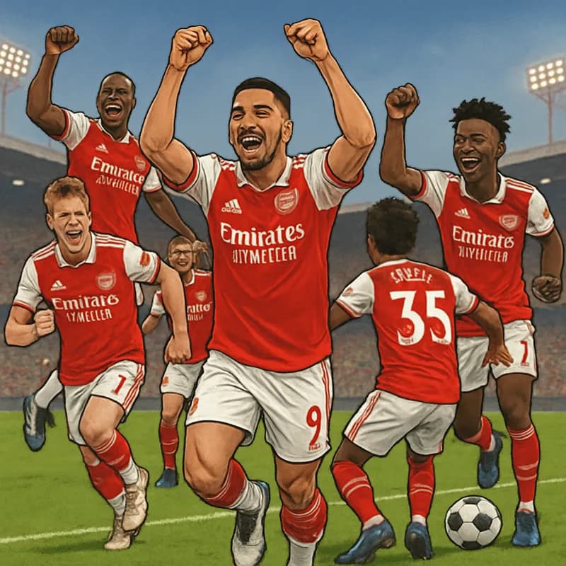 A jubilant Arsenal training ground scene, with players in their red and white jerseys celebrating the Premier League title win. The atmosphere is electric, with green pitch and excitement in the air.