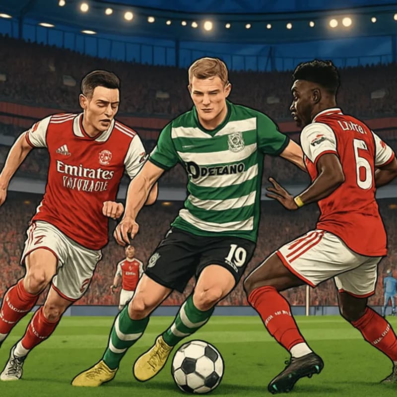A vibrant scene inside the Emirates Stadium, filled with cheering Arsenal fans in red and white jerseys, celebrating a goal by Viktor Gyökeres. The players are in action on the green pitch, with the i