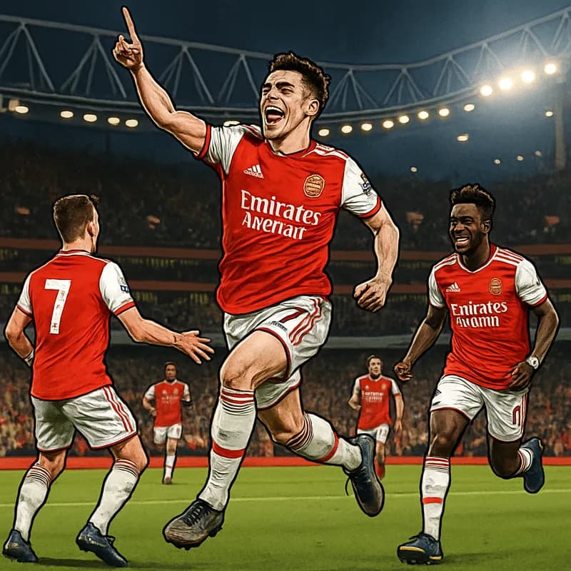 A vibrant scene at the Emirates Stadium, showcasing Arsenal players in their traditional red and white kits, celebrating a goal with fans in the background, under the stadium lights.