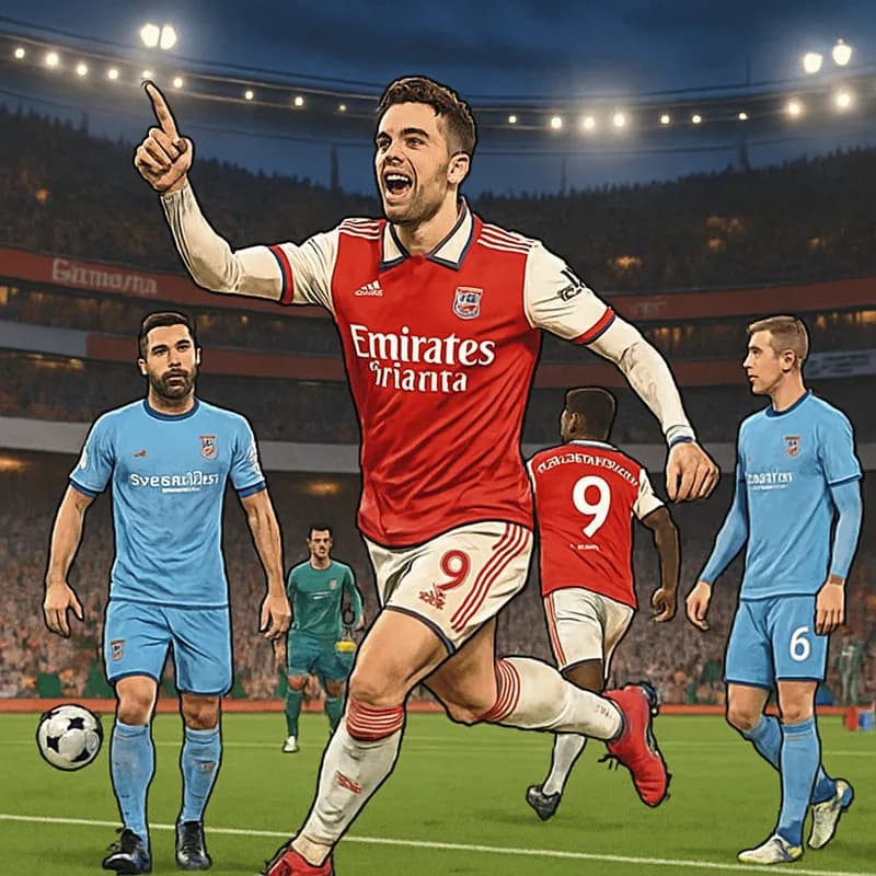 A vibrant scene at the Emirates Stadium with Arsenal players in their red and white kits, celebrating a goal, while Coventry players in their sky blue kits look determined. The stadium is filled with 