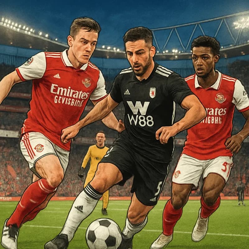 A vibrant scene at the Emirates Stadium during a match day, featuring Arsenal players in their classic red and white kits and Fulham in their black and white colors. The stadium is buzzing with fans, 