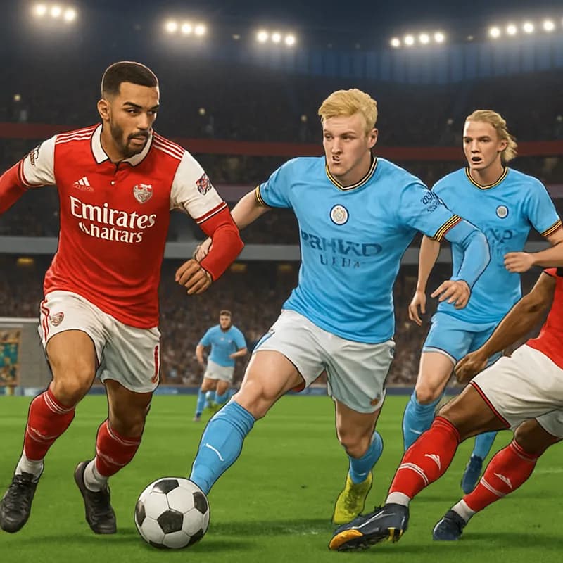 A vibrant scene at the Emirates Stadium during a match, featuring Arsenal players in their red home kits and Manchester City players in their sky blue away kits, with an electric crowd atmosphere and 
