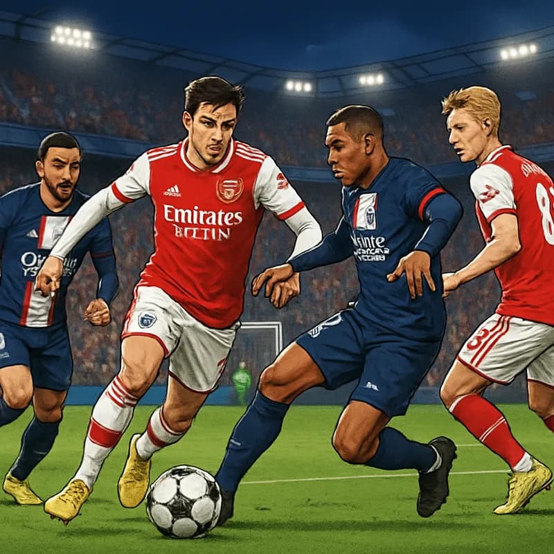 A vivid scene depicting the Champions League final, with Arsenal players in their red and white kits and PSG players in their blue and red jerseys. The atmosphere is electric, with fans cheering in th