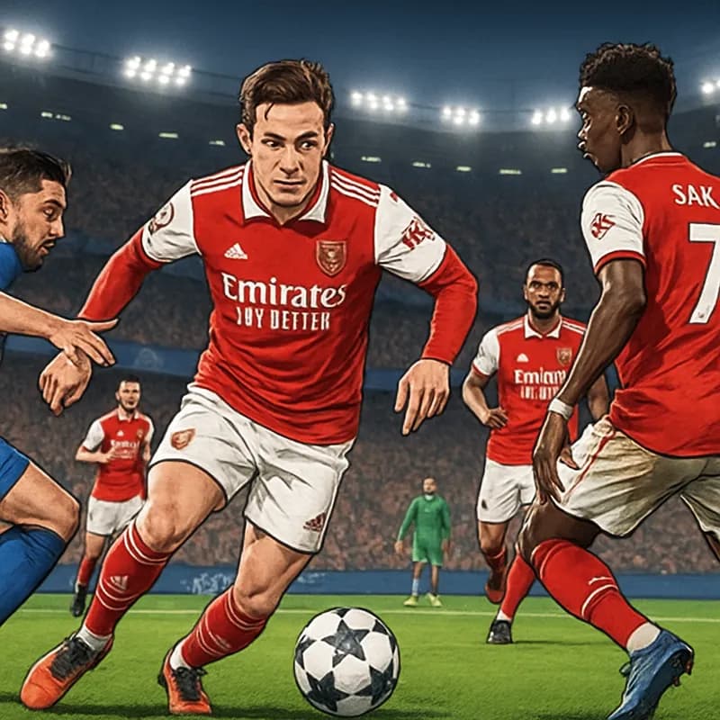 A tense moment during the Champions League final, with Arsenal players in their red and white kits, showing determination on a vibrant green pitch, surrounded by a packed stadium atmosphere.