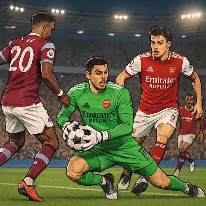 A tense moment at the London Stadium, with Arsenal's David Raya in his red and white kit making a crucial save. The crowd is buzzing with anticipation, the green pitch is vibrant, and the atmosphere i