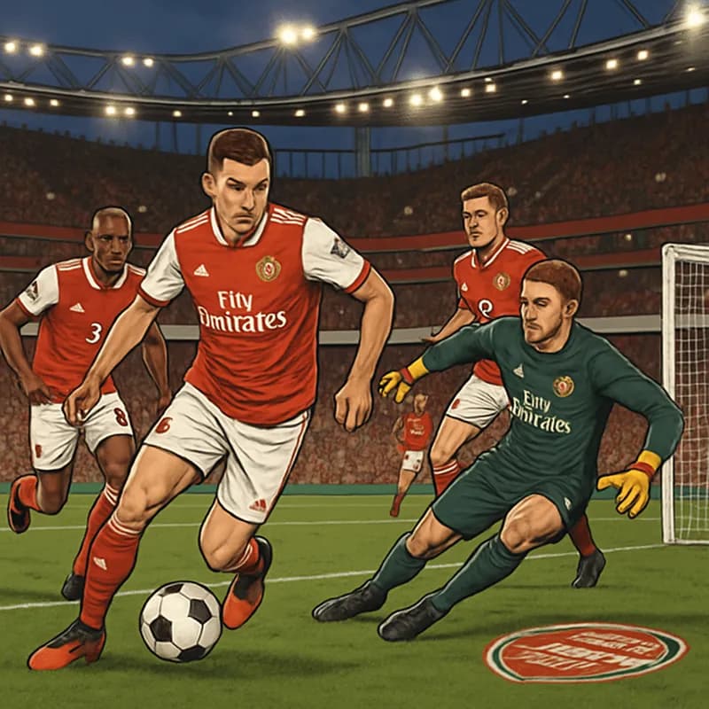 A vibrant scene at the Emirates Stadium during a match, showcasing Arsenal players in their red and white jerseys, with fans in the stands creating an electrifying atmosphere. The green pitch is marke