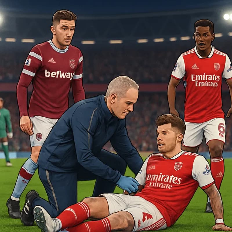 A tense scene at the London Stadium as Arsenal's Ben White is seen receiving treatment on the pitch. The atmosphere is electric, with Arsenal fans in red and white jerseys, and West Ham supporters in 