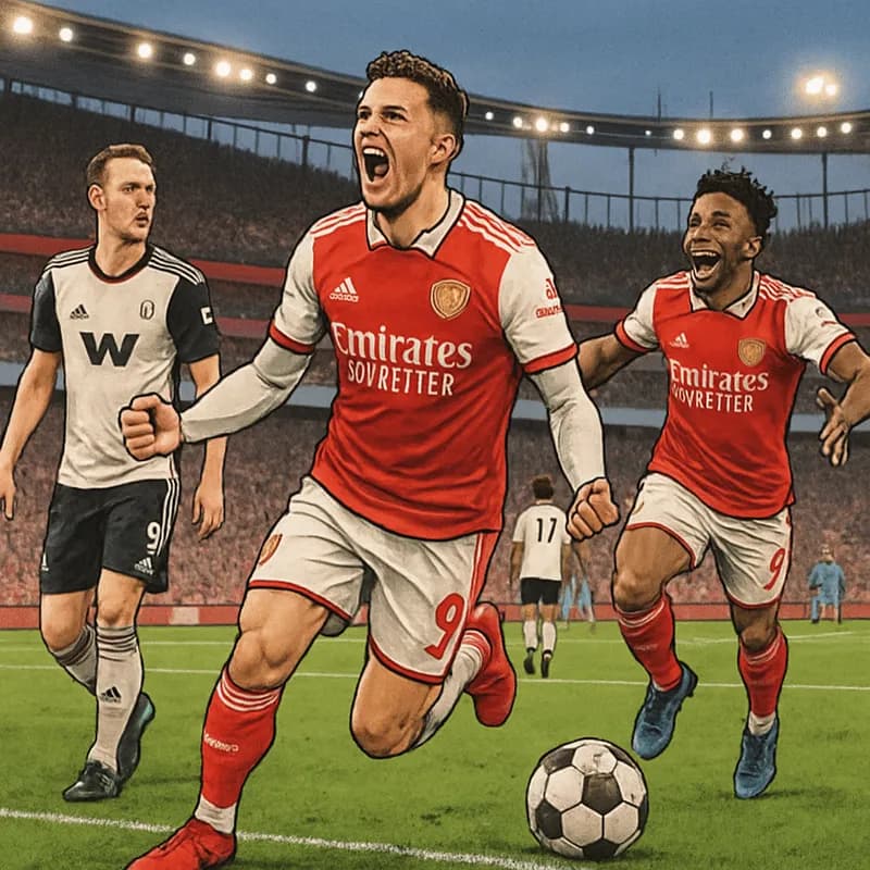 A vibrant scene at the Emirates Stadium during the Arsenal vs Fulham match. Arsenal players in their red and white kits celebrate a goal, with a packed crowd in the background, green pitch, and a clea