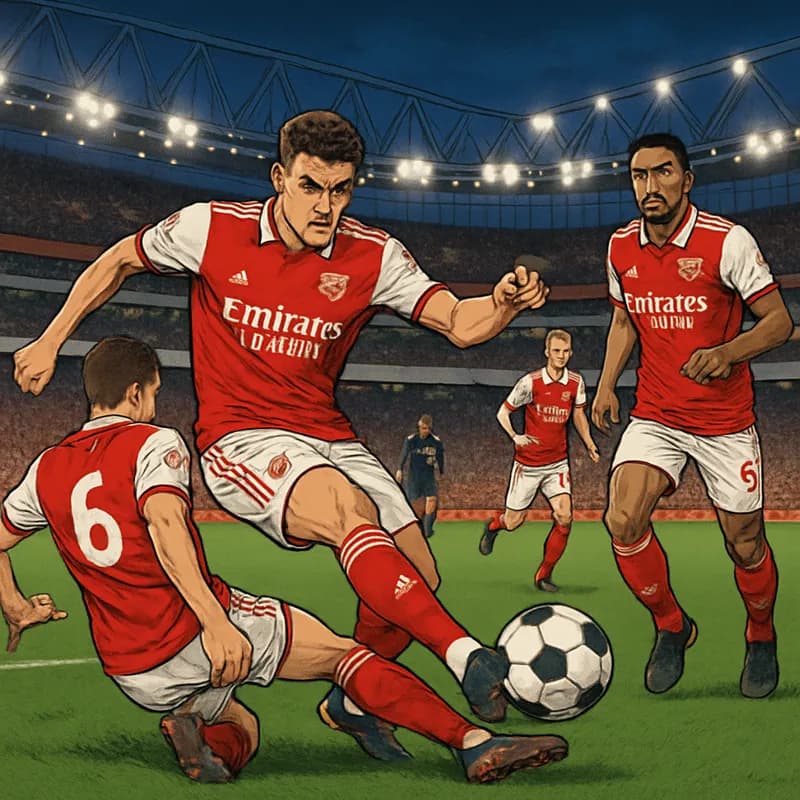 A vibrant scene at the Emirates Stadium during a match, with Arsenal players in their red and white jerseys on the pitch, fans cheering in the stands, and the atmosphere electric as the team pushes fo