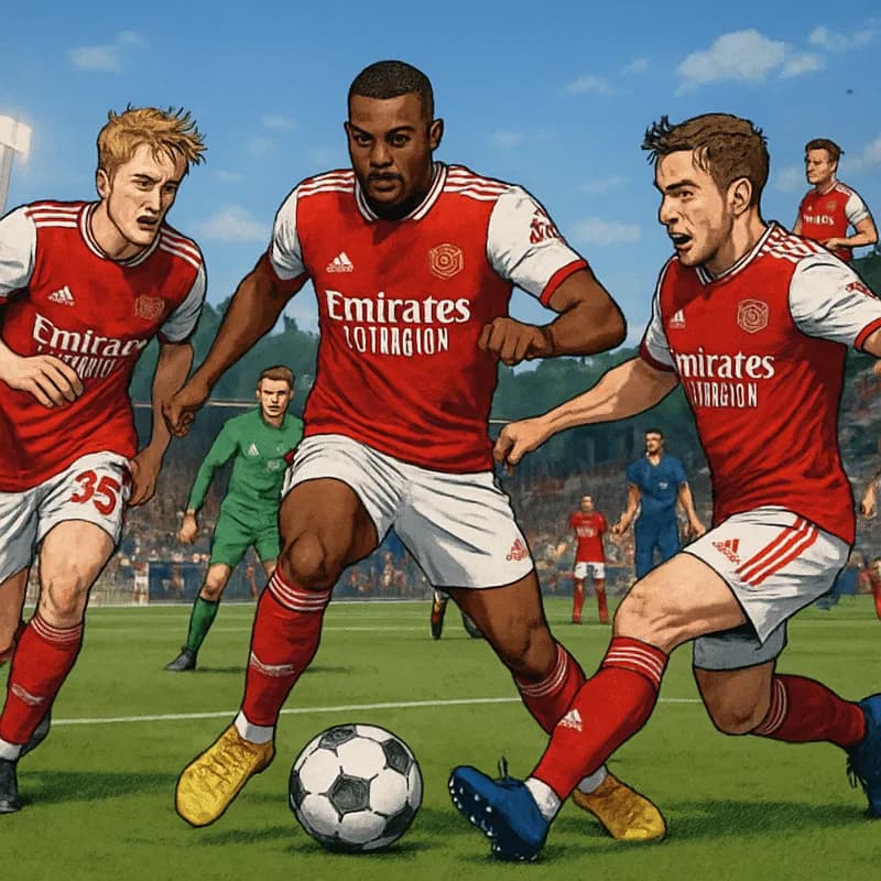 A vibrant training ground scene at Arsenal's London Colney, with players in red and white kits passionately practicing, surrounded by a lively atmosphere of coaches and staff, all under a bright blue 