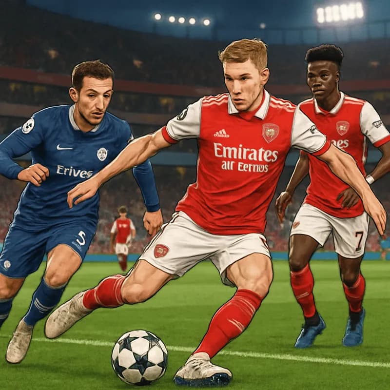 A vibrant scene at the Emirates Stadium during a Champions League match, with Arsenal players in their traditional red and white kits, showcasing a passionate crowd and a green pitch under the floodli