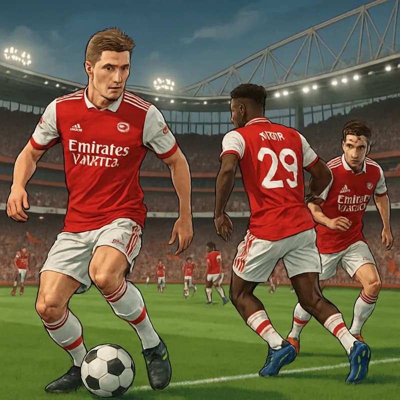 An intense scene at the Emirates Stadium where Arsenal players in their red and white kits are warming up on the pitch. The atmosphere is electric, with fans waving flags and banners in support. The g