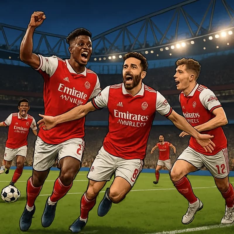 A vibrant atmosphere at the Emirates Stadium, with Arsenal players in their red and white kits celebrating a goal. The green pitch is alive with fans cheering, capturing the essence of a Champions Lea