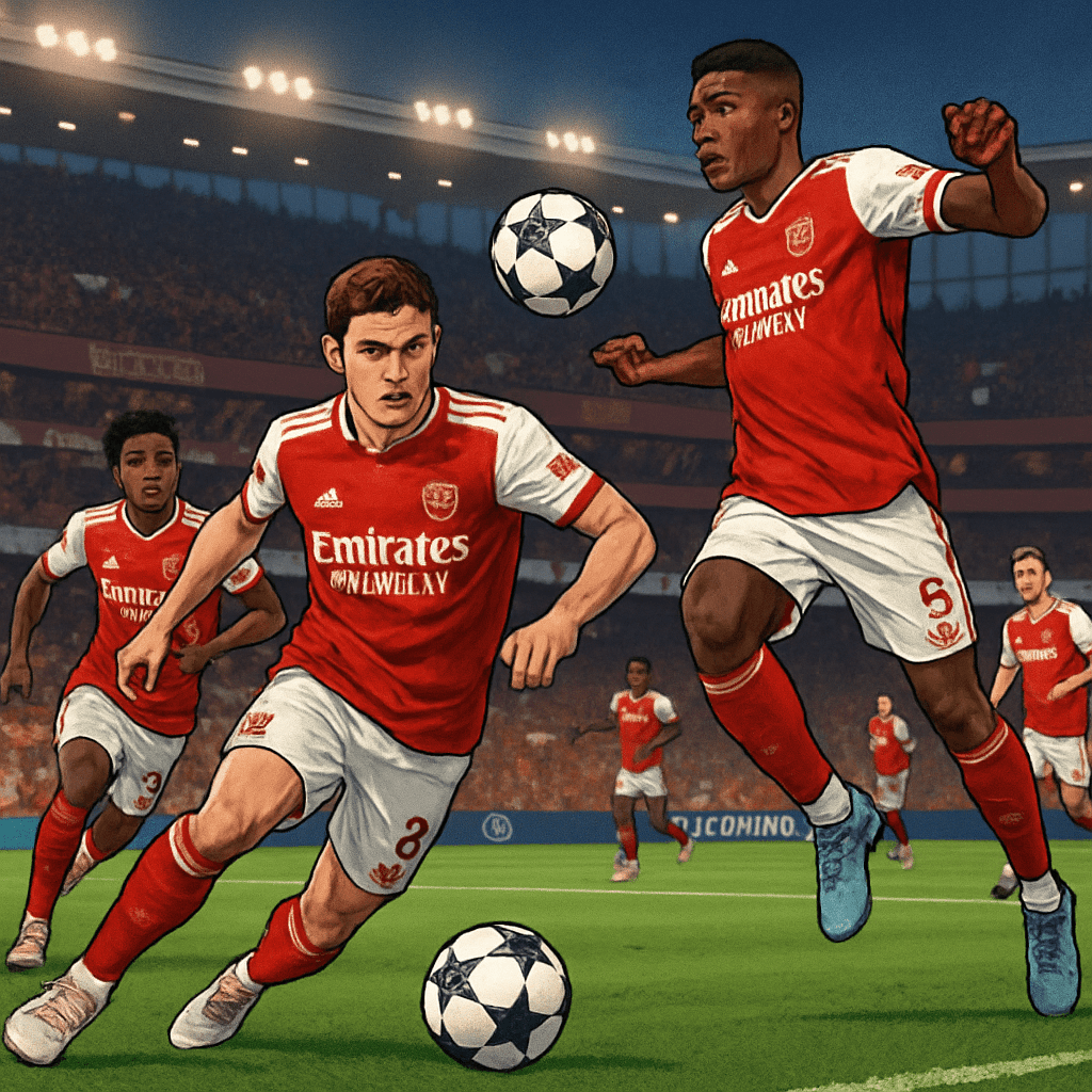A vibrant scene at the Emirates Stadium during a Champions League match, with Arsenal players in their traditional red and white kits, the crowd cheering passionately. The green pitch is marked with t