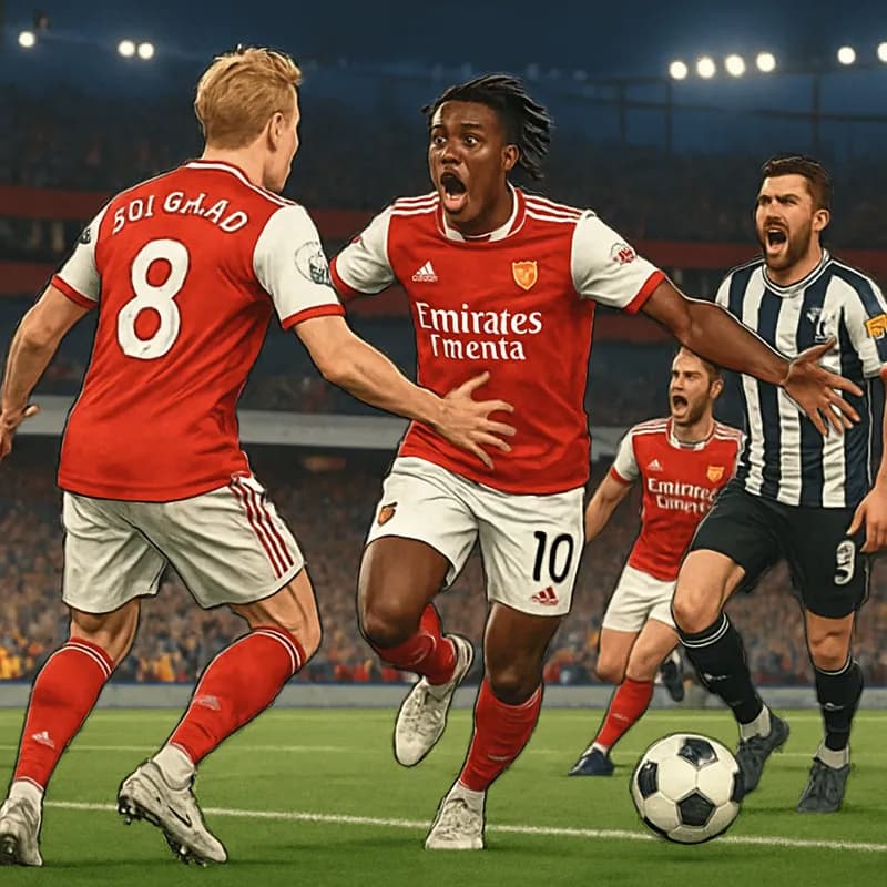 An intense moment during Arsenal's match against Newcastle at the Emirates Stadium. Arsenal players in red and white kits, celebrating after Eberechi Eze's stunning goal, with a vibrant crowd in the b