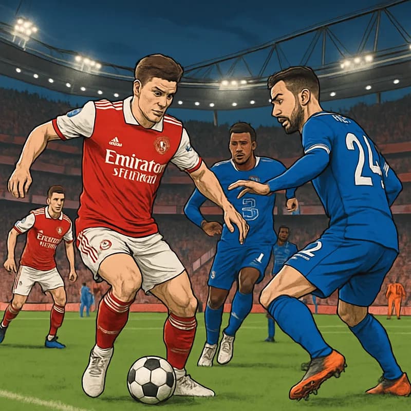 A vibrant scene at the Emirates Stadium during a match, with Arsenal players in their traditional red and white jerseys, showcasing a tactical setup during a midfield battle. The atmosphere is electri