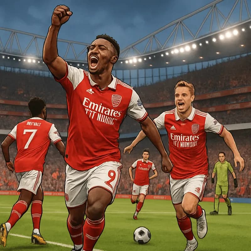 A vibrant scene at the Emirates Stadium, with Arsenal players in their red and white kits celebrating a goal. The crowd is electric, filled with fans waving flags and banners. The green pitch is perfe