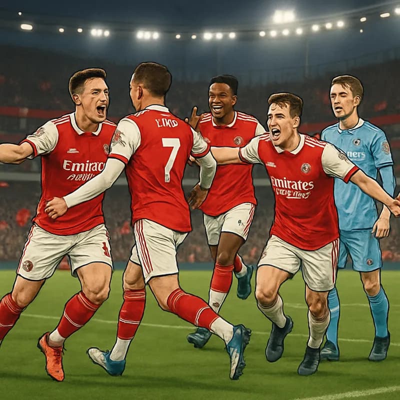 A vibrant scene at the Emirates Stadium during the Arsenal vs Coventry match. Arsenal players in red and white kits celebrate a goal under bright stadium lights, with fans waving flags in the stands.