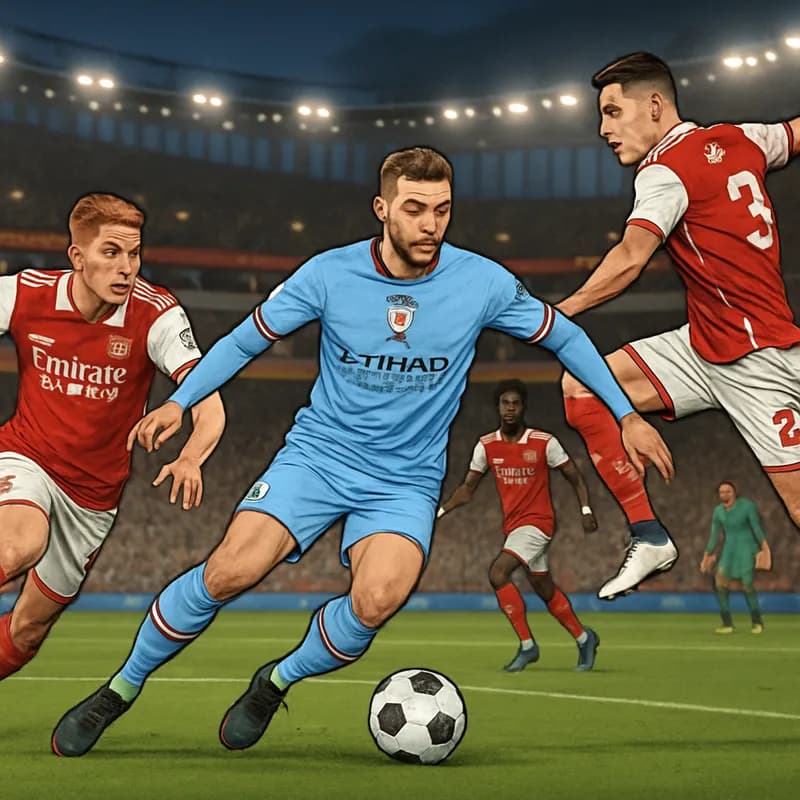 A tense moment during the Premier League match at the Emirates Stadium, with Arsenal players in their red and white kits and Manchester City in their sky blue jerseys. The atmosphere is electric, with