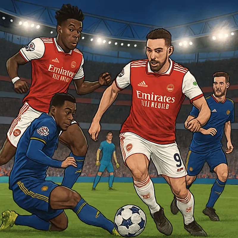 A vibrant scene at the Emirates Stadium during a Champions League match, with Arsenal players in their traditional red and white kits, engaged in an intense moment of play. The stadium is packed with 