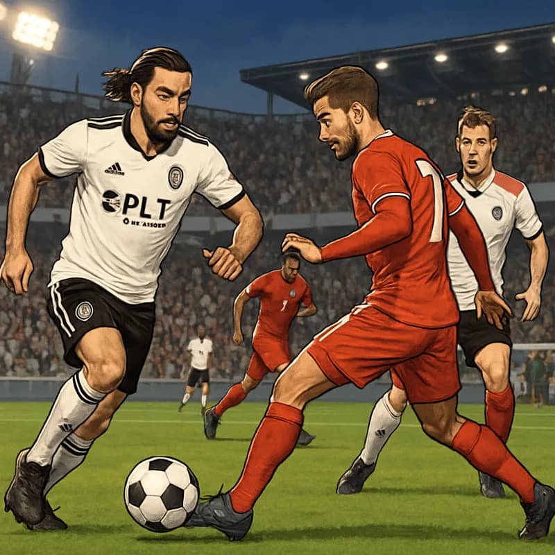 A vibrant scene at the Stadio Dino Manuzzi, filled with passionate Cesena fans wearing black and white jerseys, cheering on their team as they face a tough opponent. The green pitch is marked with tac