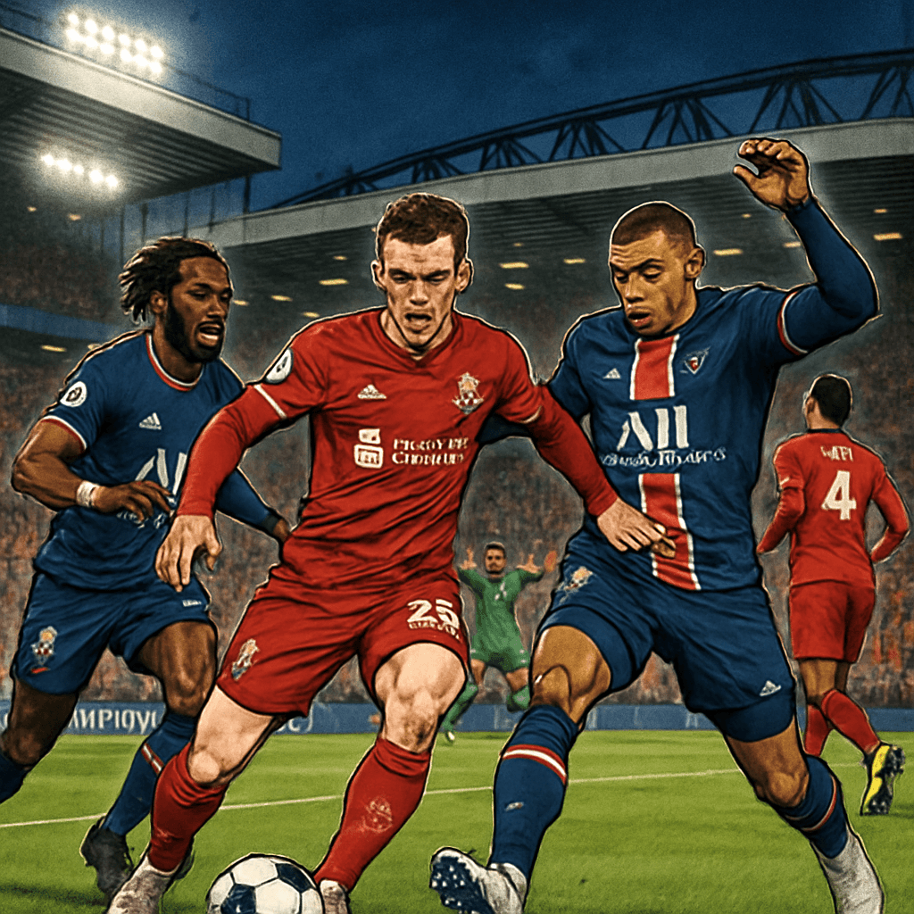 A vibrant scene at Anfield during a Champions League night, with Liverpool players in their iconic red jerseys battling against PSG in their blue and red kits. The stadium is electrifying, filled with