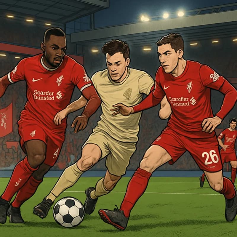 A vibrant scene at Anfield during a match, with Liverpool players in their red home kits passionately pressing the opposition. The stadium is filled with fans waving flags, creating an electric atmosp