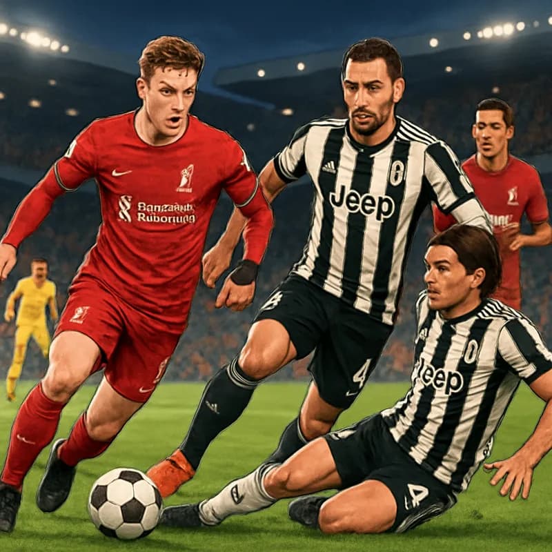A vibrant stadium scene showcasing Liverpool in their red jerseys and Juventus in their black and white striped kits. The atmosphere is electric with fans cheering, a soccer ball in play, and players 