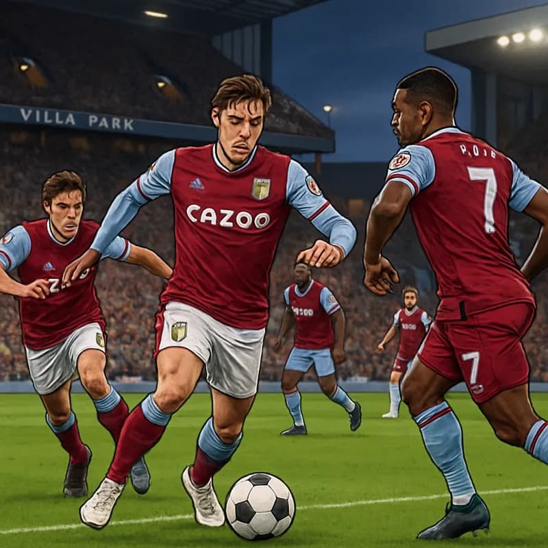 A vibrant scene at Villa Park, with Aston Villa players in claret and blue jerseys warming up on the lush green pitch. West Ham players in their iconic claret and blue kits are seen in the background,
