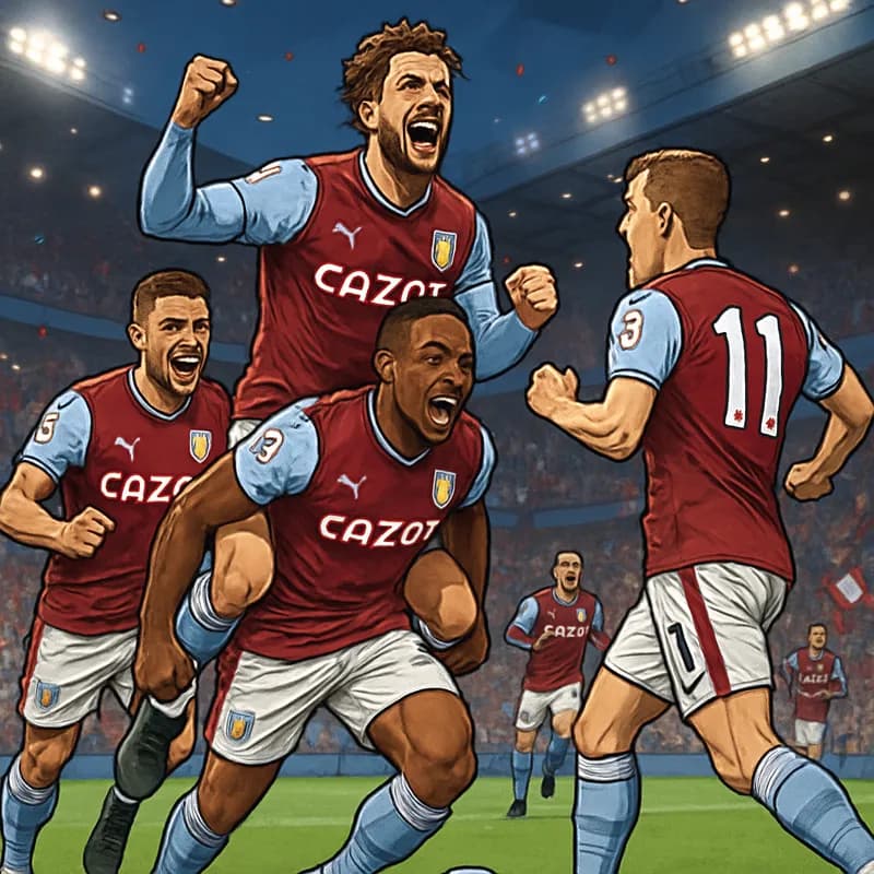 A vibrant scene at a packed stadium with Aston Villa players in their claret and blue kits celebrating a goal. The atmosphere is electric, with fans cheering and waving flags, capturing the excitement