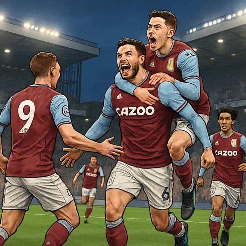 A vibrant scene at Villa Park, with Aston Villa players in claret and blue jerseys celebrating a goal. The stadium is packed with cheering fans, banners waving, and a green pitch under bright lights.