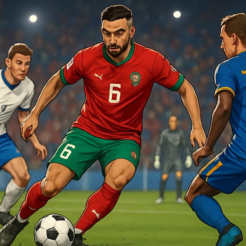 A dynamic scene of Ayyoub Bouaddi in Morocco's red and green kit, skillfully dribbling the ball on a vibrant green pitch, with an enthusiastic crowd in the background, capturing the electric atmospher